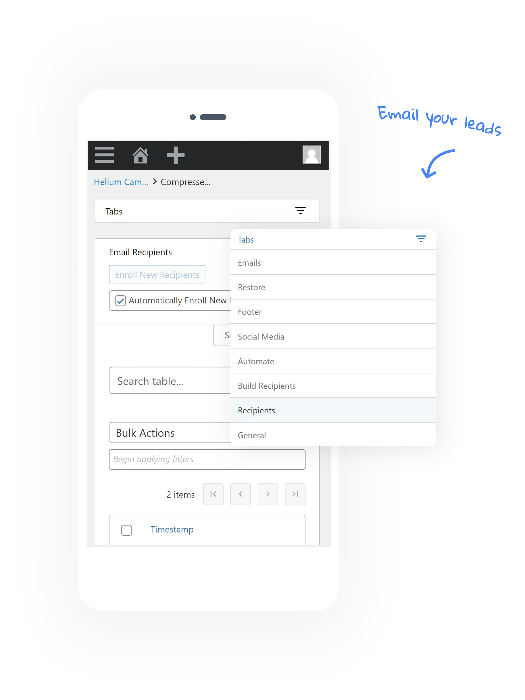 Mobile device showing how to automate leads with the Helium WordPress Plugin