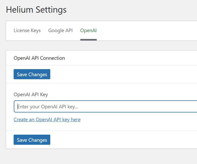 Step one: put in your OpenAI API Key | AI Functionality | Go Helium
