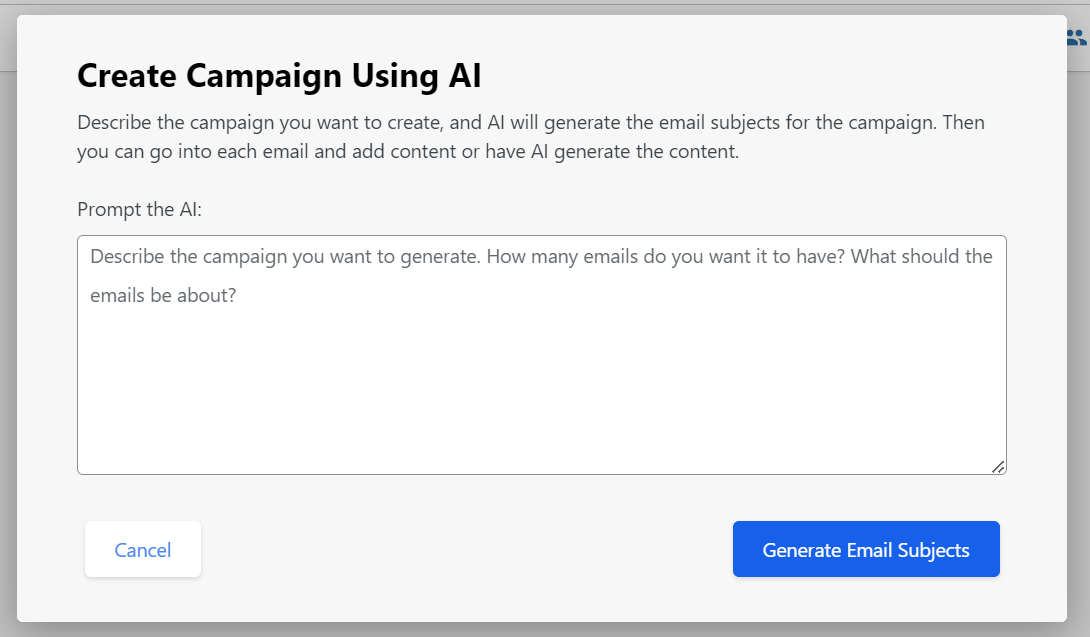 Step two: Create your campaign and generate email subjects with AI | AI Functionality | Go Helium