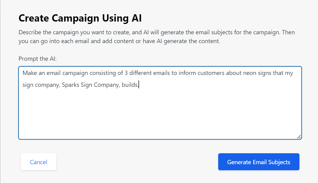 Step three: Prompt AI to generate your campaign email subjects | AI Functionality | Go Helium