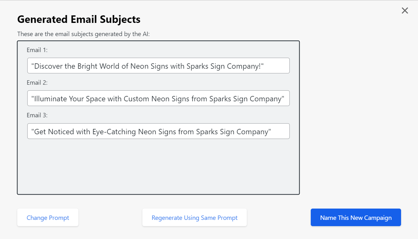 Step four: Review your generated campaign email subjects, change your AI prompt, or regenerate email subjects based on your original prompt | AI Functionality | Go Helium