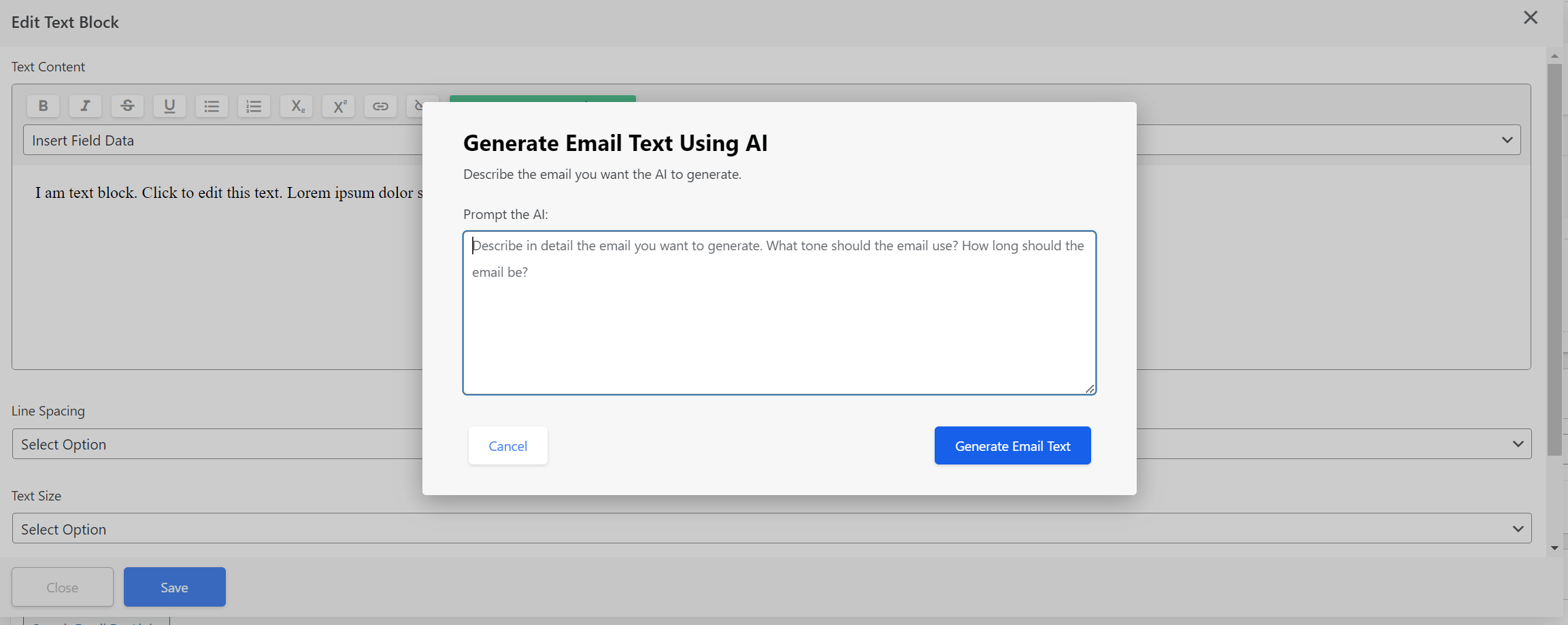 Step six: Edit your first email and add a text block to it | AI Functionality | Go Helium