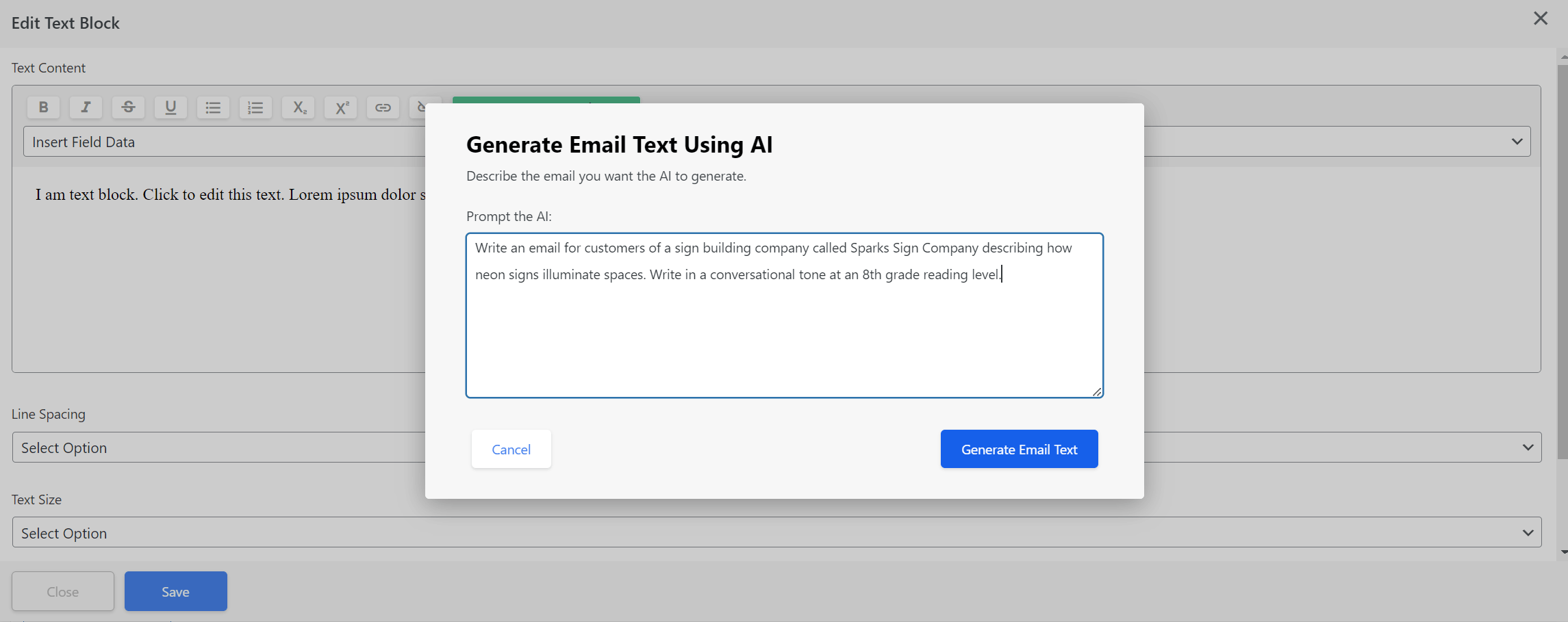 Step seven: AI generates your email body text based on your prompts and subject line | AI Functionality | Go Helium